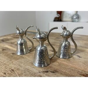 Vintage Mid-Century Pewter Cat Upside Down Shot Glass Stirrup Cup Set MCM